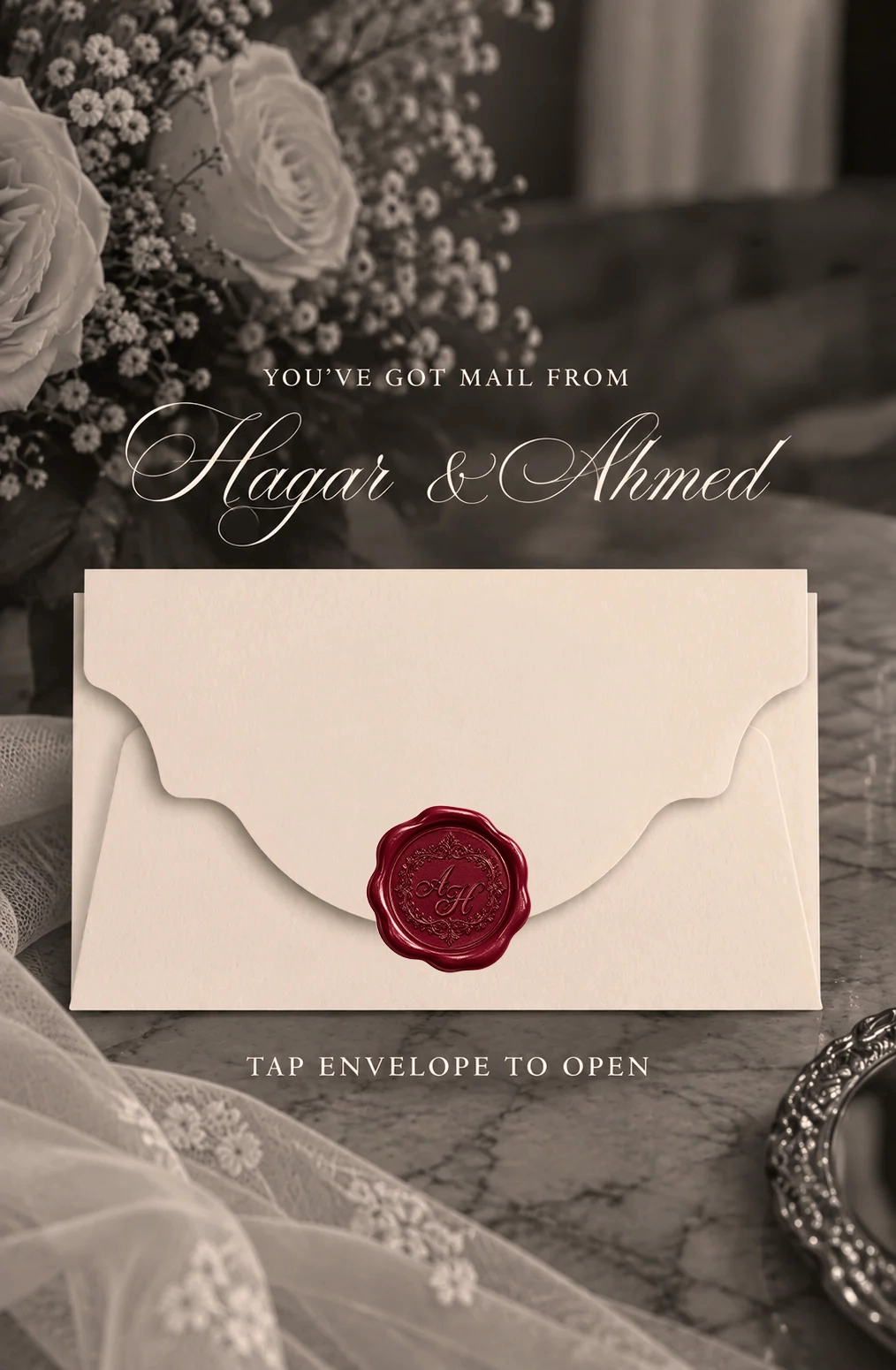 Hagar and Ahmed wedding envelope with red wax seal